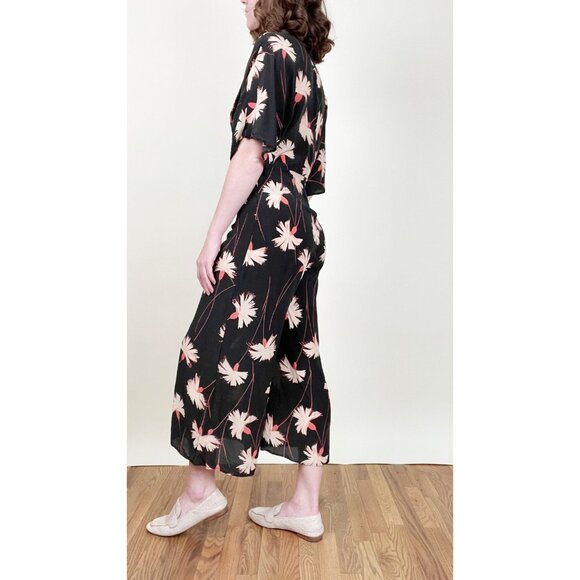 100% Mulberry Silk Wide Leg Jumpsuit Pleated Floral Relaxed Fit & Flare V-Neck - Picture 2 of 12
